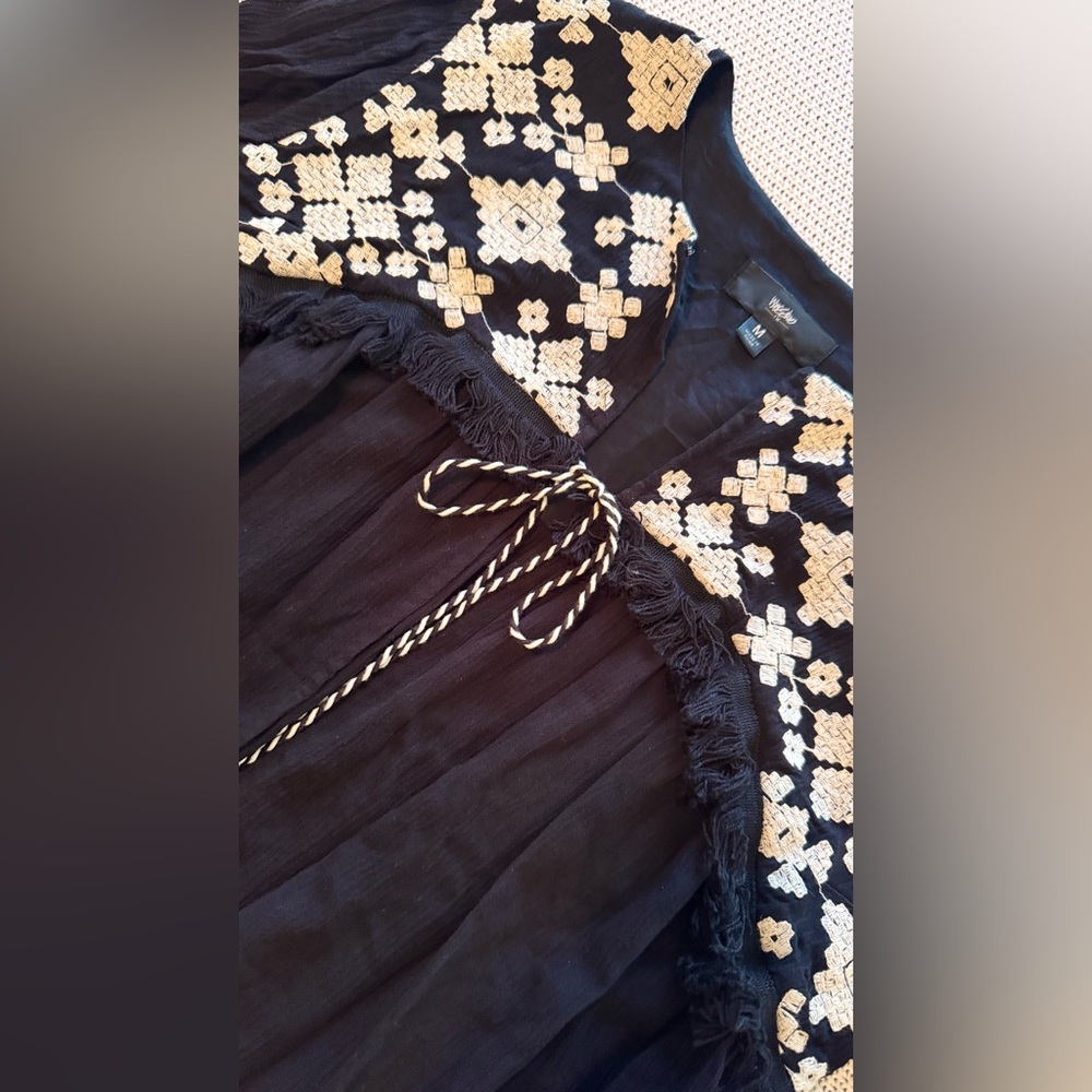 MOSSIMO Bohemian Long Sleeve Black Peasant Blouse Top w White Embroidery - Picture 5 of 11